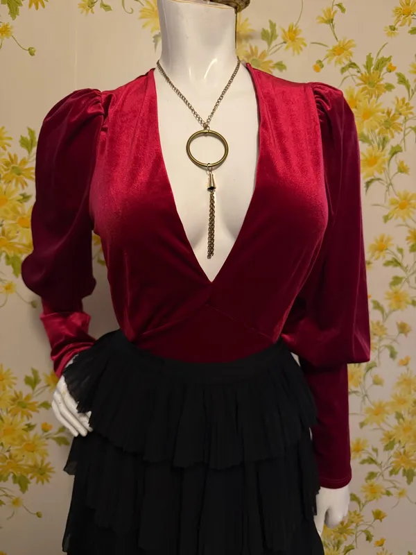 Velvet Deep V Puff Sleeve Bodysuit in Burgundy size M - Image 2
