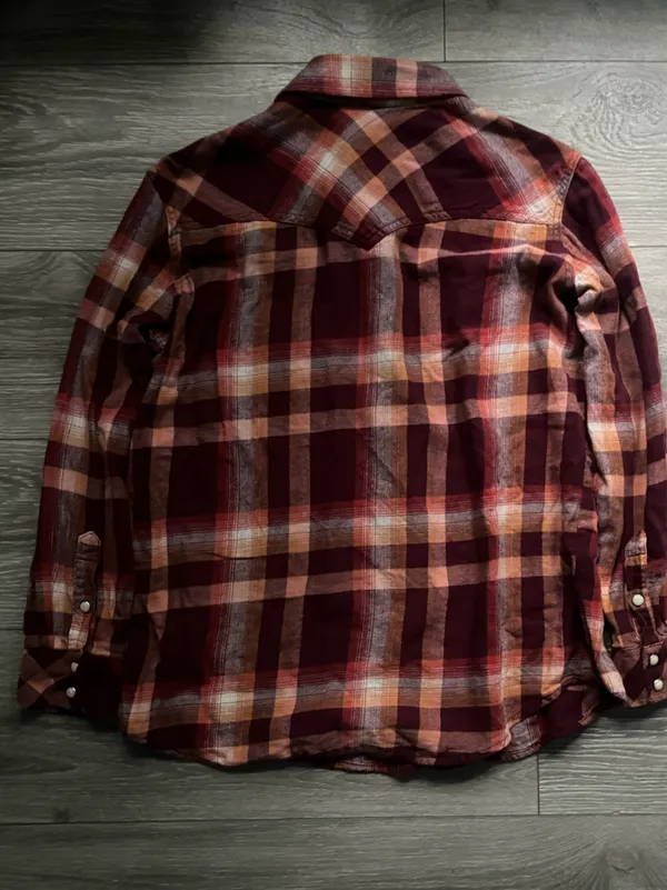 Wrangler Retro Orange Maroon Cotton Pearl Snap Cowgirl Western Fall Flannel M - Image 2