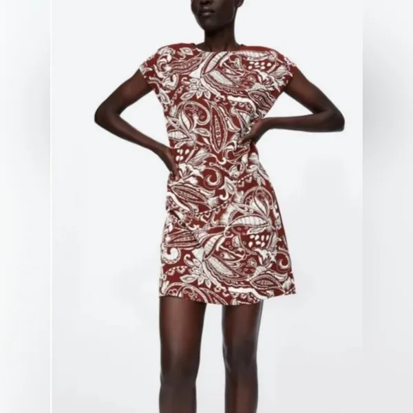 ZARA Paisley Textured Print Mini Shift Dress Burnt‎ Brick & White Size Small - Image 3