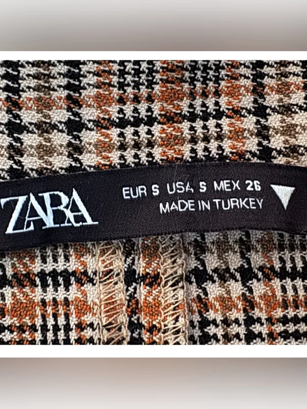 Zara Brown Plaid Check Mini Shirt Dress Womens Small Ruched Front Long Sleeve - Image 6