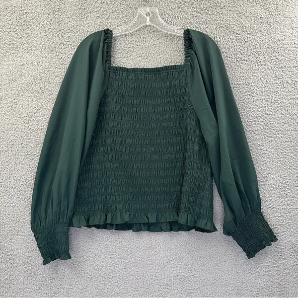 Madewell Lucie Bubble Sleeve Smocked Top Long Sleeve Green Peasant Boho W XL - Image 2
