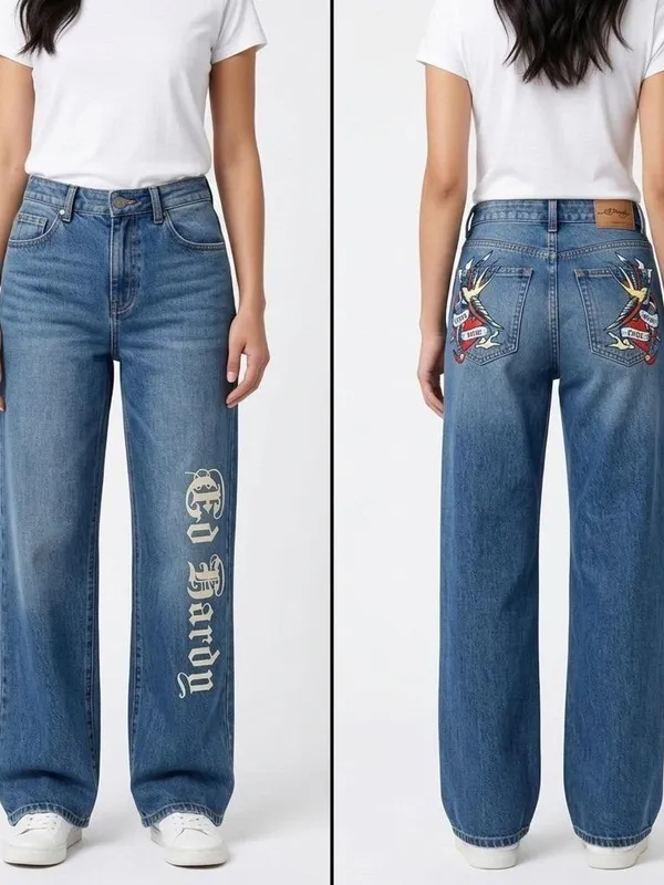 Ed Hardy Women’s 26 Brave Eagle Wide Leg Grunge Y2K Blue Denim Jeans - Image 2