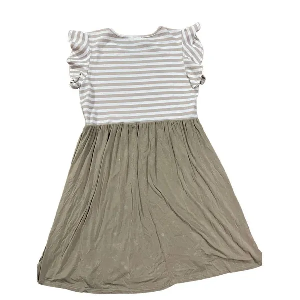 Bombom jersey knit soft ruffle short sleeve tan‎ ivory swing dress sz XL … - Image 2