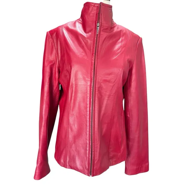 Siena Women's Red Leather Jacket Small Zip Front Moto Biker Coat Lined Slim - Image 2