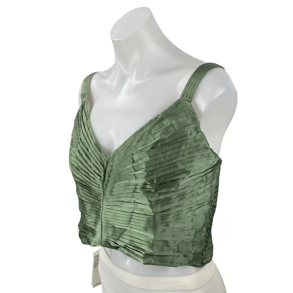 NEW Abercrombie & Fitch Green Silk Satin Pintucked Sleeveless V Neck Crop Top L - Image 2