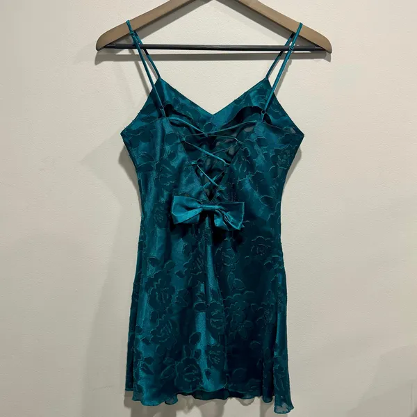 Vintage Victoria’s Secret Teal Floral Burnout Lace Up Slip Dress Petite P - Image 7