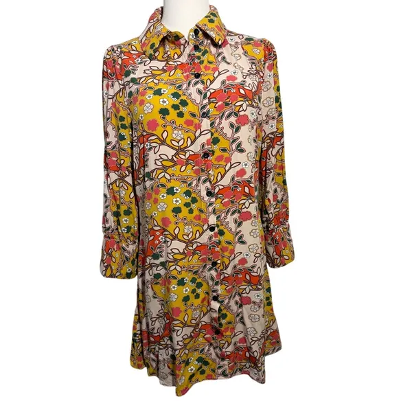 Natural Life Floral Botanical Boho Shirt Mini Dress Hippie Artsy Sz Medium - Image 2
