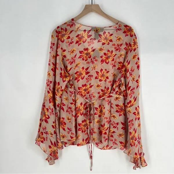 Venezia Sheer Chiffon Floral Blouse‎ Button Front V-Neck Flare Sleeve Boho 14/16 - Image 8