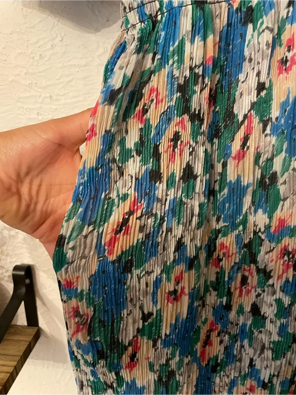 NWT Ganni Floral Pleated Georgette Blue V-Neck Puff Sleeve Midi Dress 40, Large - Image 7