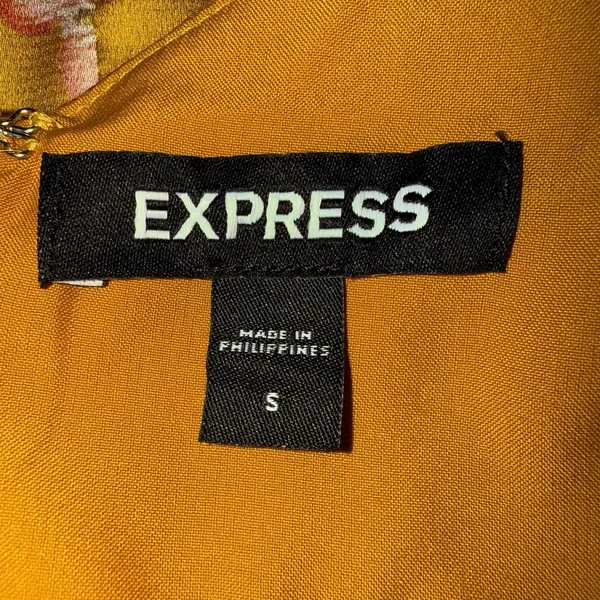 NWOT Express Satin Mustard Yellow Floral Bird Twist Front Tulip Midi Dress Small - Image 10
