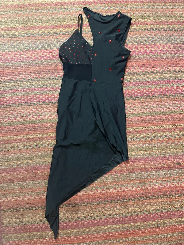 Asymmetrical Black Dress DANCE COSTUME Red RHINESTONE Embellishments - Image 2
