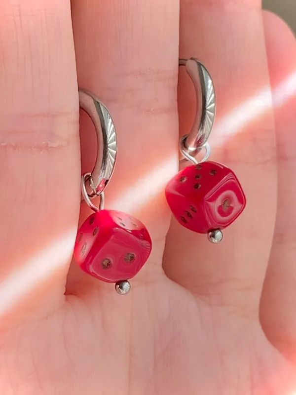 Handmade y2k funky unique red dice Czech glass dangle earrings ❤️ - Image 4