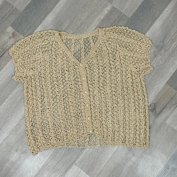 Vintage Boho Crochet Lace Sheer Topper Cardigan Button Up Tan Medium Cottagecore - Image 10