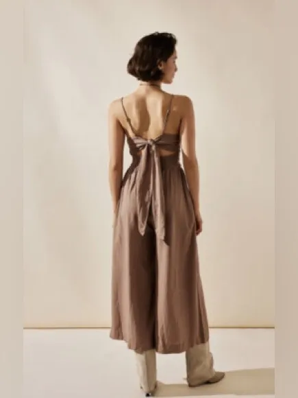 Free People Endless Summer Day Glow One Piece Smocked cutouts Jumpsuit Taupe M - Image 2