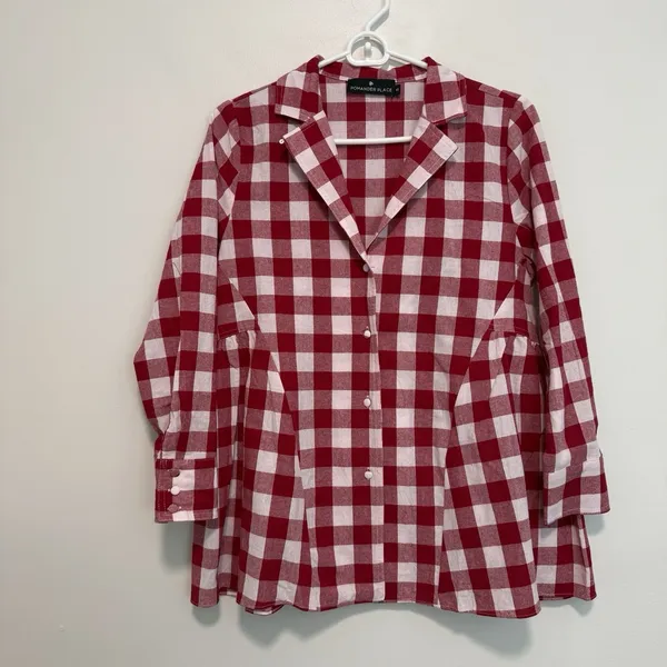 Pomander Place Tuckernuck Scarlett Red Gingham Cotton Button Down Blouse XS‎ - Image 3