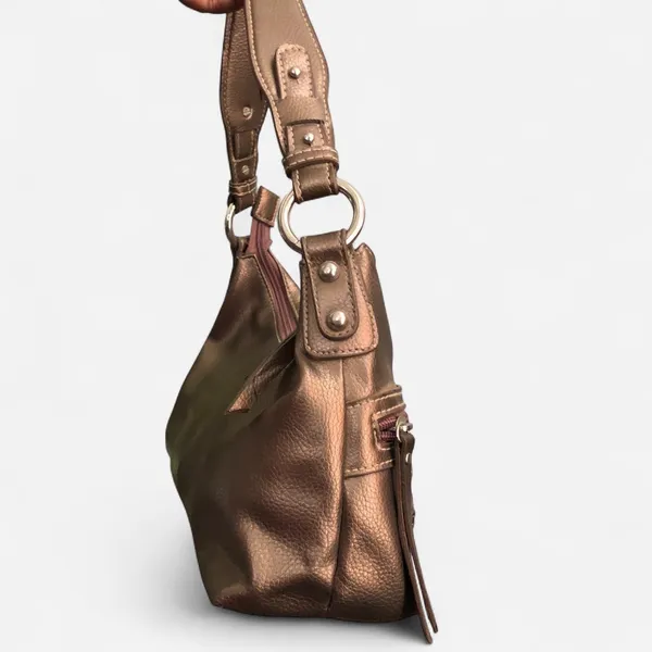 Y2K Brown Gold Metallic Leather Cargo Buckles Shoulder Hobo Hand Bag Purse Satchel Top Handle O-Ring Silver Accents #Grunge #Cyber #Goth #Punk #Acubi Vintage Mcbling Preppy Measurement in pics Great condition - Image 3