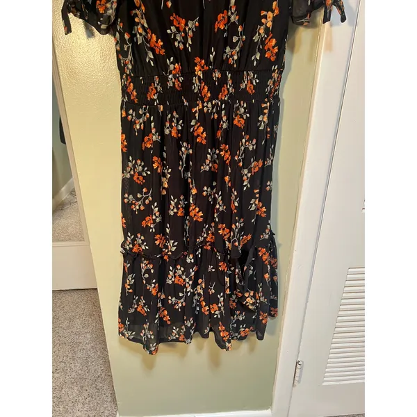Ember Women's Size Medium Midi Dress Black Orange Floral V-Neck Short Sleeve - Image 14