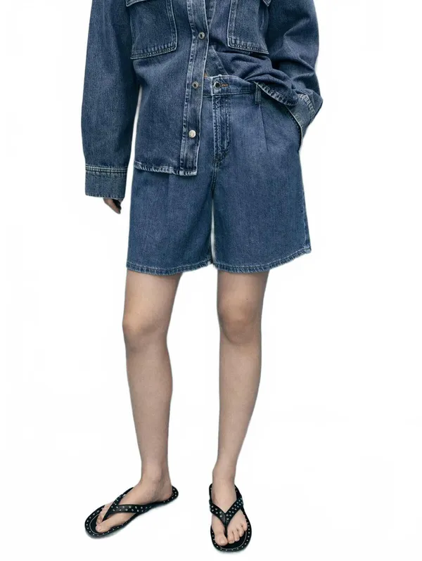 Mango Mid-Rise Denim Bermuda Shorts with Pleats NWT Medium Blue Size 2 (EUR 34) - Image 3