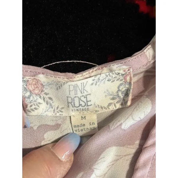 Pink Rose Lavender/White Floral Short‎ Sleeve Scoop Zipper Back Blouse Size M - Image 5