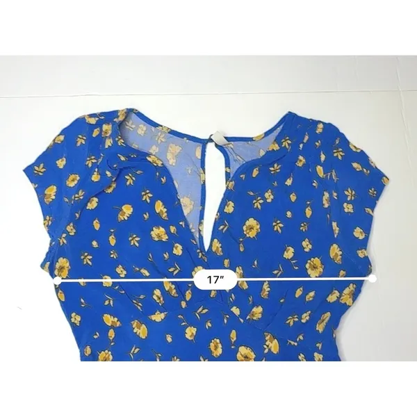 Free People Blue Peasant Faux Wrap Dress 8 Blue Floral Cap‎ Sleeves Keyhole - Image 6