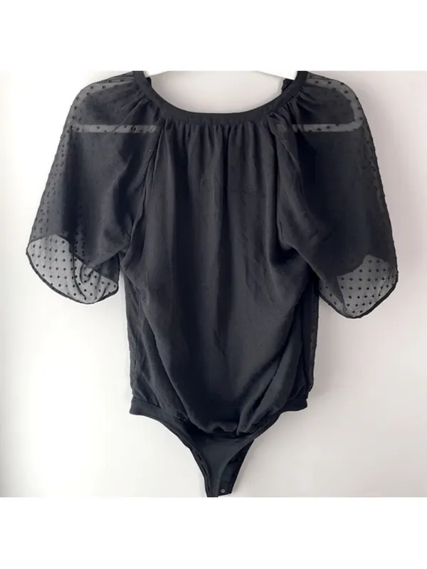 $59 Abercrombie and Fitch Black Flutter Sleeve Swiss Dot Button Bodysuit XS - Image 6