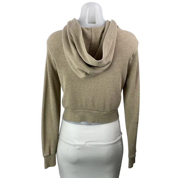 Aritzia TNA Tan Waffle Knit Thermal Full Zip Cropped Hoodie Hooded Sweatshirt S - Image 3