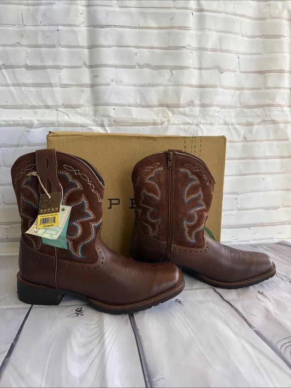 Roper Brown Leather Western Boots with Blue and Cream Embroidery - Image 4