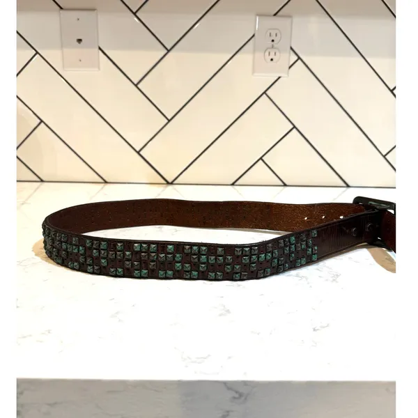 Vintage Brown leather metal turquoise patina studded belt size 34-38” western - Image 7