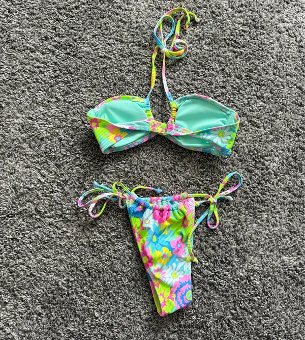 Neon Floral Tie-Side Bikini Set - Women's Bright Multicolor - Image 4