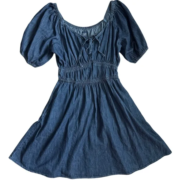 GAP Smocked Denim Mini Dress Dark Wash Size‎ Medium Tall - Image 3