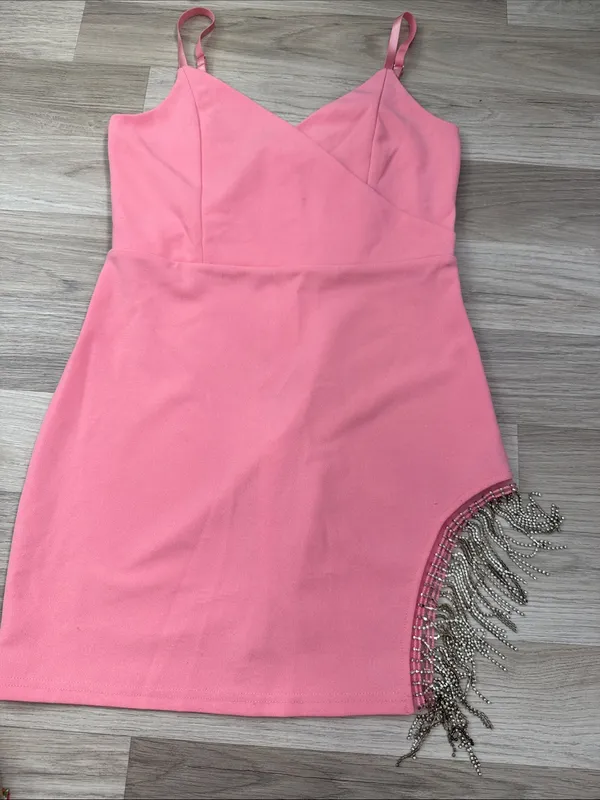 Windsor Pink Rhinestone Fringe Wrap Mini Dress - Image 3