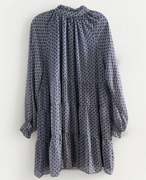 Karlie Tiered Mini Dress Long Sleeve Ruffle Neck Geometric Print Large - Image 5