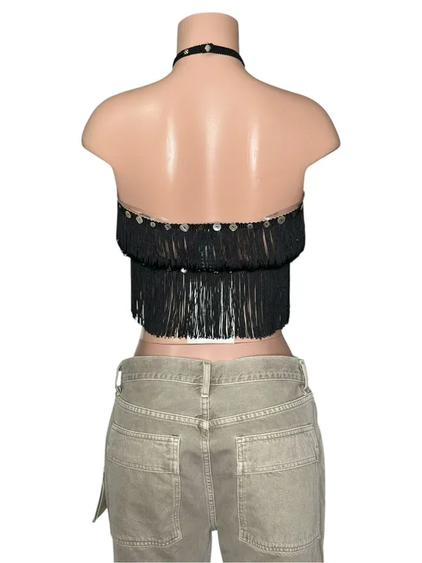 JADED LONDON Asha Fringed Button Crossover Top, Black, XS - Image 7