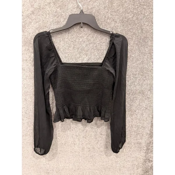 Hollister Womens Top Medium Black Smocked Sheer Long Sleeve Ruffle Hem 340-293 - Image 7