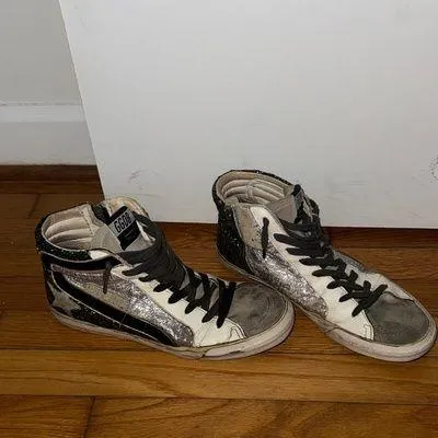 Golden Goose High-Top Sneakers in Gray & Green Sparkles - Image 2