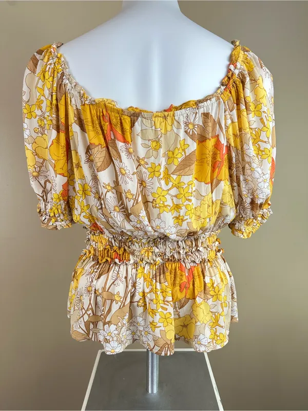 Cato Floral Milkmaid Top L Cottagecore Smocked Puff Sleeve Boho 70s Festival - Image 6