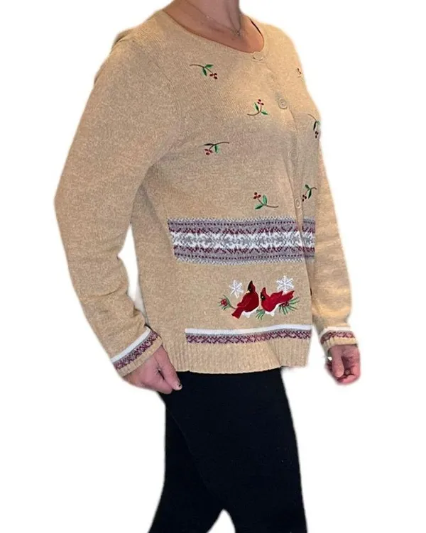 Crystal Kobe Embroidered Cardinal Holiday Christmas Cardigan Sweater - Image 4