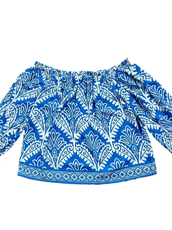 Flying Tomato Off Shoulder Artisan Boho Blouse Top Blue and White Medium - Image 6