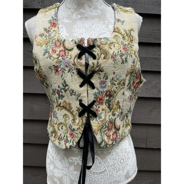 Source Unknown Ren Faire Reversible Tapestry Corset Vest Goblincore Cottagecore VTG Lace Up M - Image 7