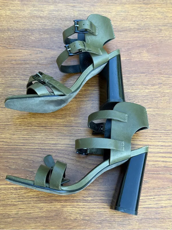 Rebecca Minkoff Leather Block Heel Sandals Women 6.5 Olive Green Buckle - Image 8