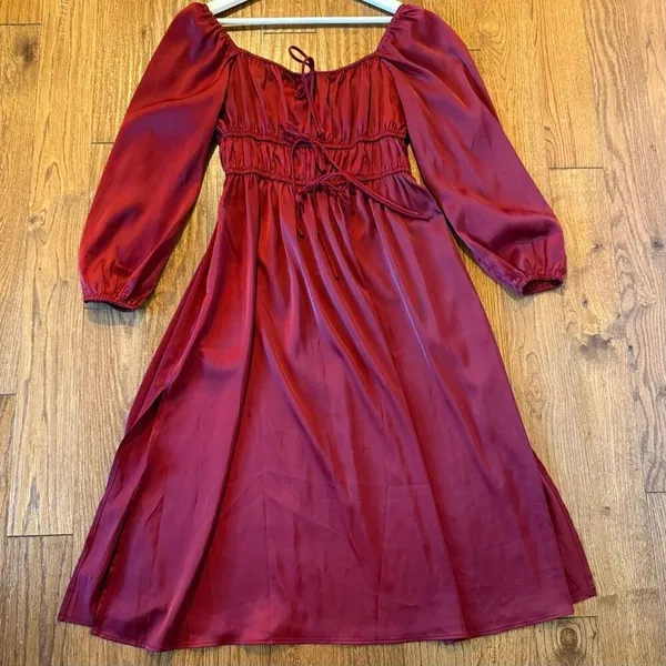 Amazon Satin red tie bust puff sleeve milkmaid midi dress M - Image 6