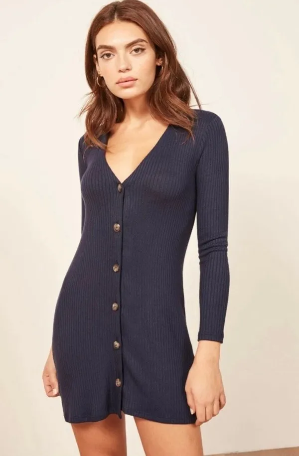 ✨Reformation Agatha Ribbed Knit Button Down V Neck Navy Sz Small Dress✨ - Image 3