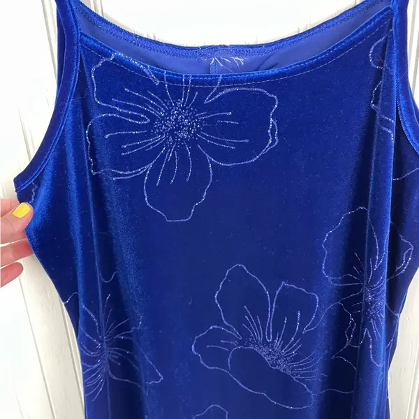 Vintage 90s Y2K Blue Velvet Flower Maxi Slip Dress Whimsigoth Fairycore Medium - Image 9