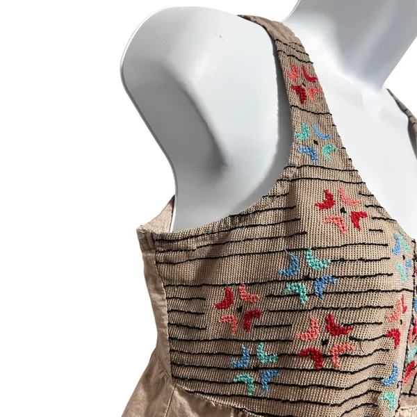 Y2K Mudd Women Boho Festival Embroidered Babydoll‎ Top S Tan Peasant Cottagecore - Image 4