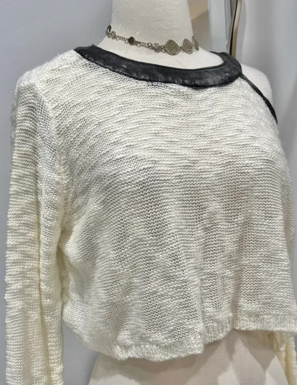 Rehab Cream Cold-Shoulder Knit Sweater with Black Faux Leather Trim - Image 4