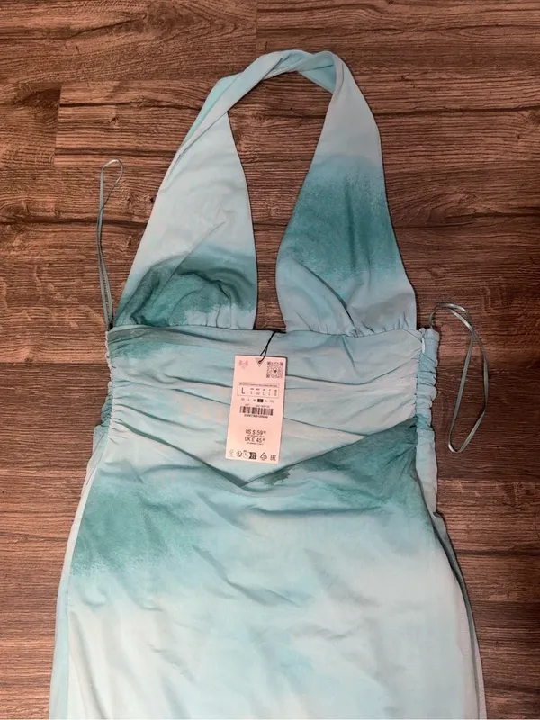 NWT Zara Aqua Watercolor Halter Midi Dress Size L - Image 6