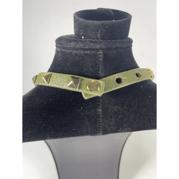 Olive Green Leather Studded Choker Necklace Gold Tone Pyramid Studs 15.5” - Image 7