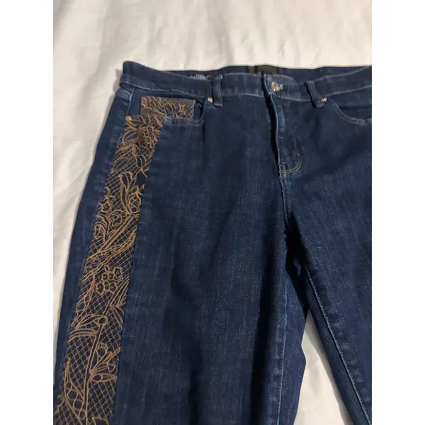 White House Black Market Girlfriend Jeans Dark‎ Wash Gold Lace Side Stripe 10 - Image 3