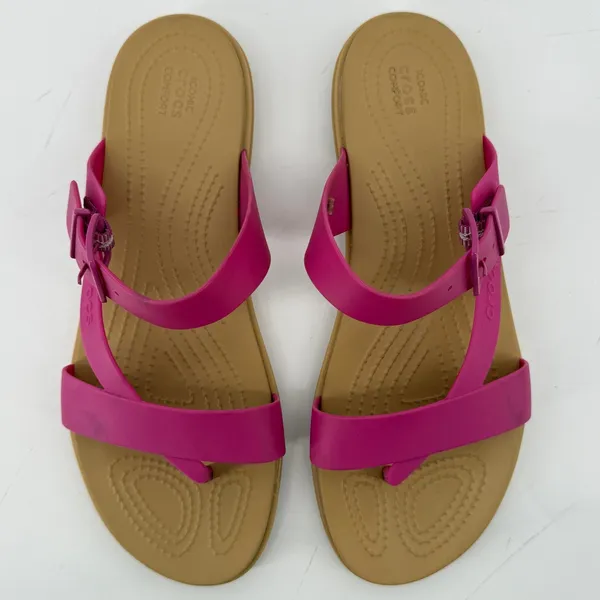 Crocs Tulum Toe Post Sandal Flip Flop Fuchsia Pink Tan Women 10 Buckle Straps - Image 3