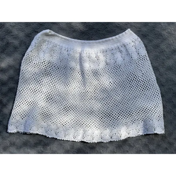 Vintage Handmade Crochet Lace Skirt Cover Up White Boho Festival Drawstring M - Image 5